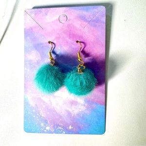 Teal blue pastel faux fur fuzz ball gold stainless steel hook earrings